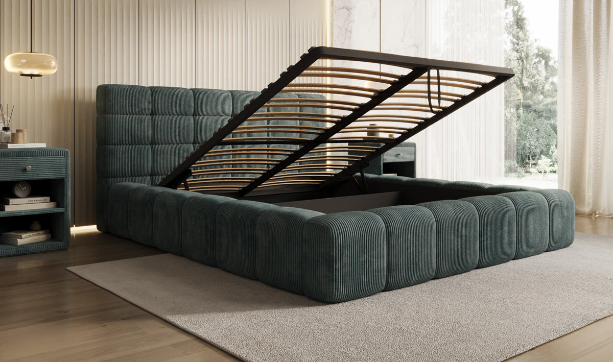 Designer gestoffeerd bed Marshmallow in Ribstof met opbergruimte