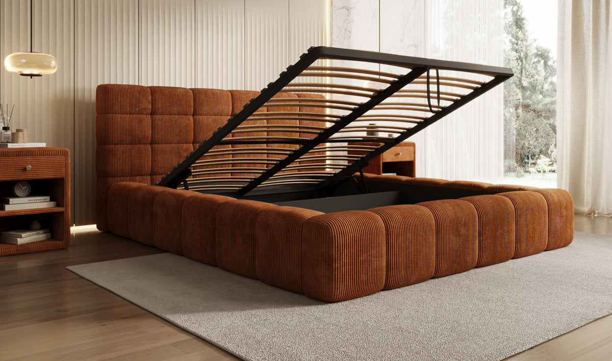 Designer gestoffeerd bed Marshmallow in Ribstof met opbergruimte