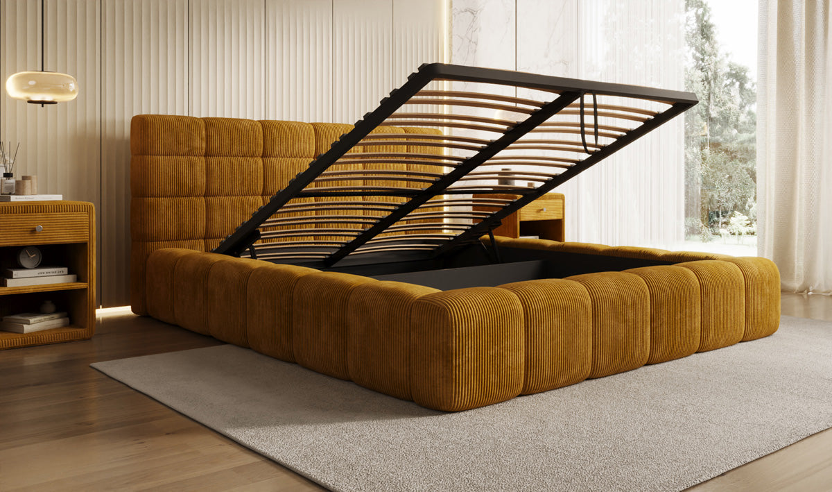 Designer gestoffeerd bed Marshmallow in Ribstof met opbergruimte