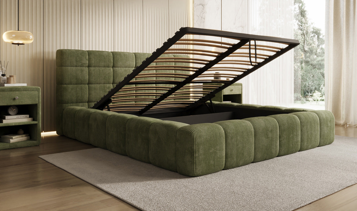 Designer gestoffeerd bed Marshmallow in Ribstof met opbergruimte