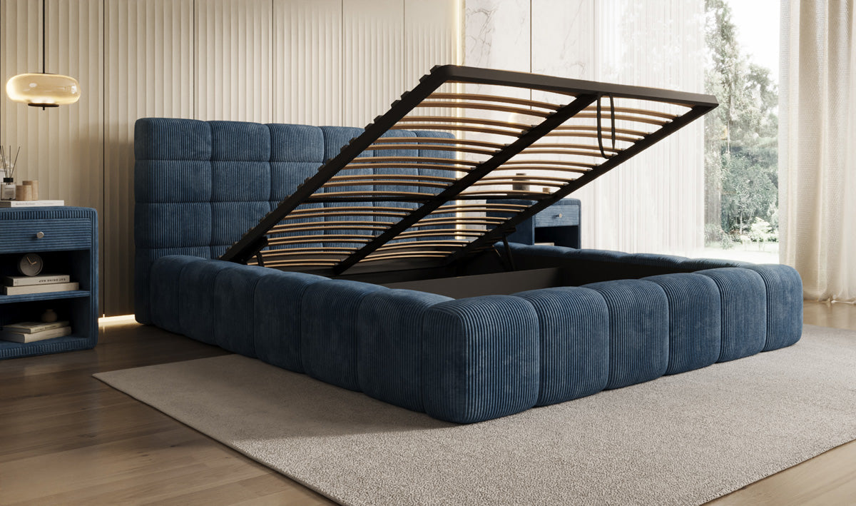 Designer gestoffeerd bed Marshmallow in Ribstof met opbergruimte