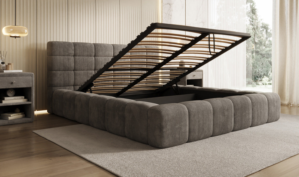 Designer gestoffeerd bed Marshmallow in Ribstof met opbergruimte