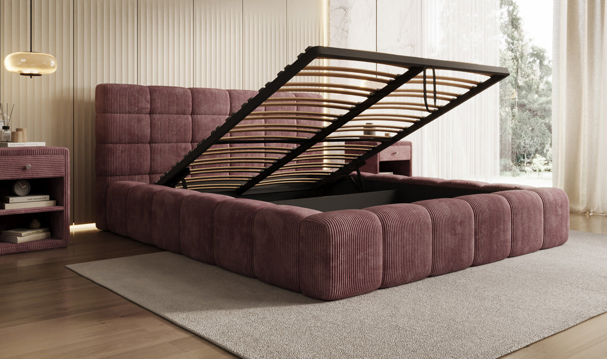 Designer gestoffeerd bed Marshmallow in Ribstof met opbergruimte