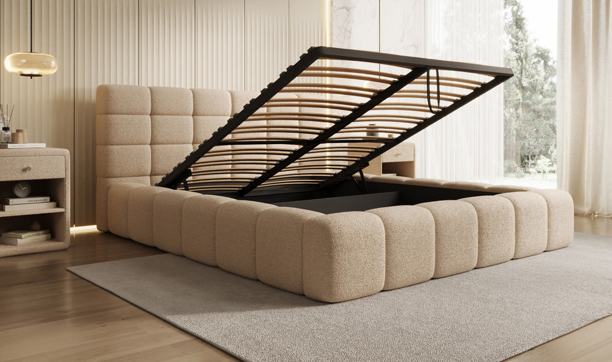 Designer Polsterbett Marshmallow in Teddy Bouclé mit Stauraum