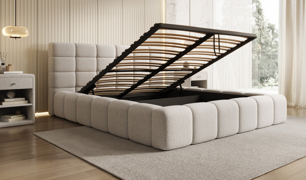 Designer gestoffeerd bed Marshmallow in structuurstof met opbergruimte