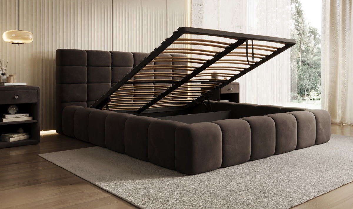 Designer gestoffeerd bed Marshmallow in Fluweel met opbergruimte