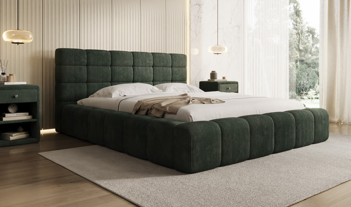 Designer gestoffeerd bed Marshmallow in Ribstof met opbergruimte