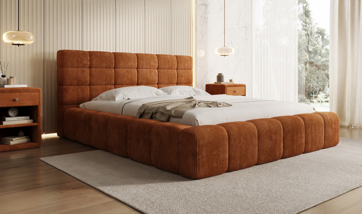 Designer gestoffeerd bed Marshmallow in Ribstof met opbergruimte