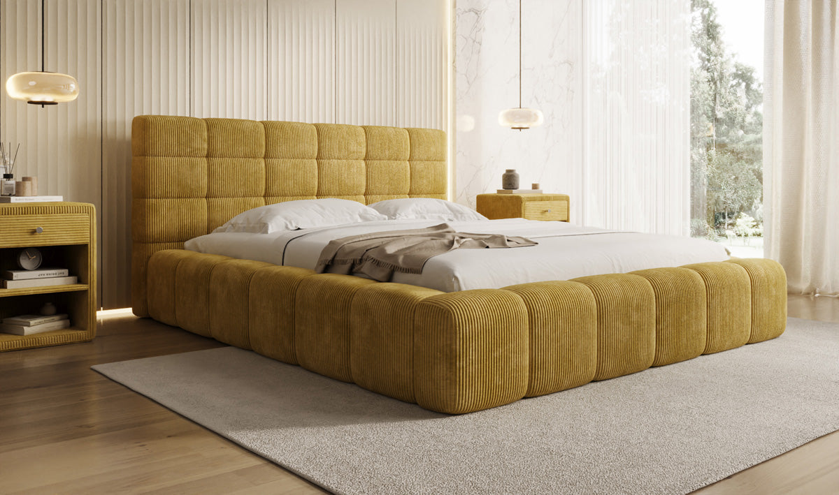 Designer gestoffeerd bed Marshmallow in Ribstof met opbergruimte