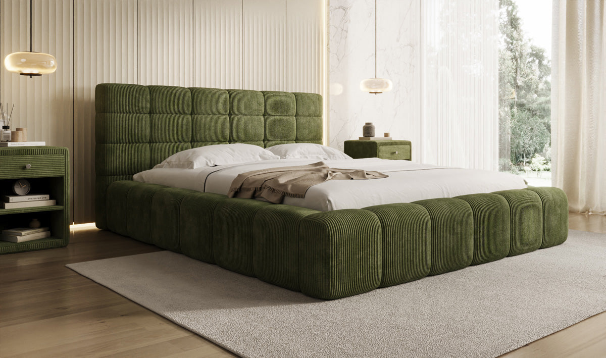 Designer gestoffeerd bed Marshmallow in Ribstof met opbergruimte