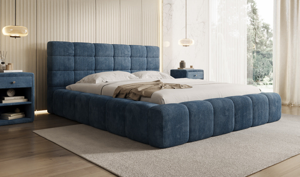 Designer gestoffeerd bed Marshmallow in Ribstof met opbergruimte
