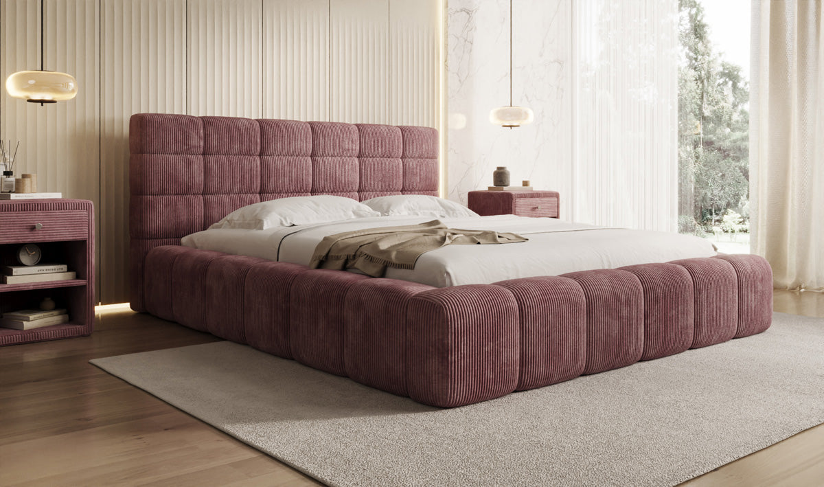 Designer gestoffeerd bed Marshmallow in Ribstof met opbergruimte