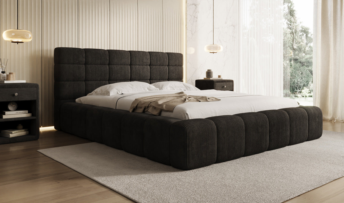 Designer gestoffeerd bed Marshmallow in Ribstof met opbergruimte