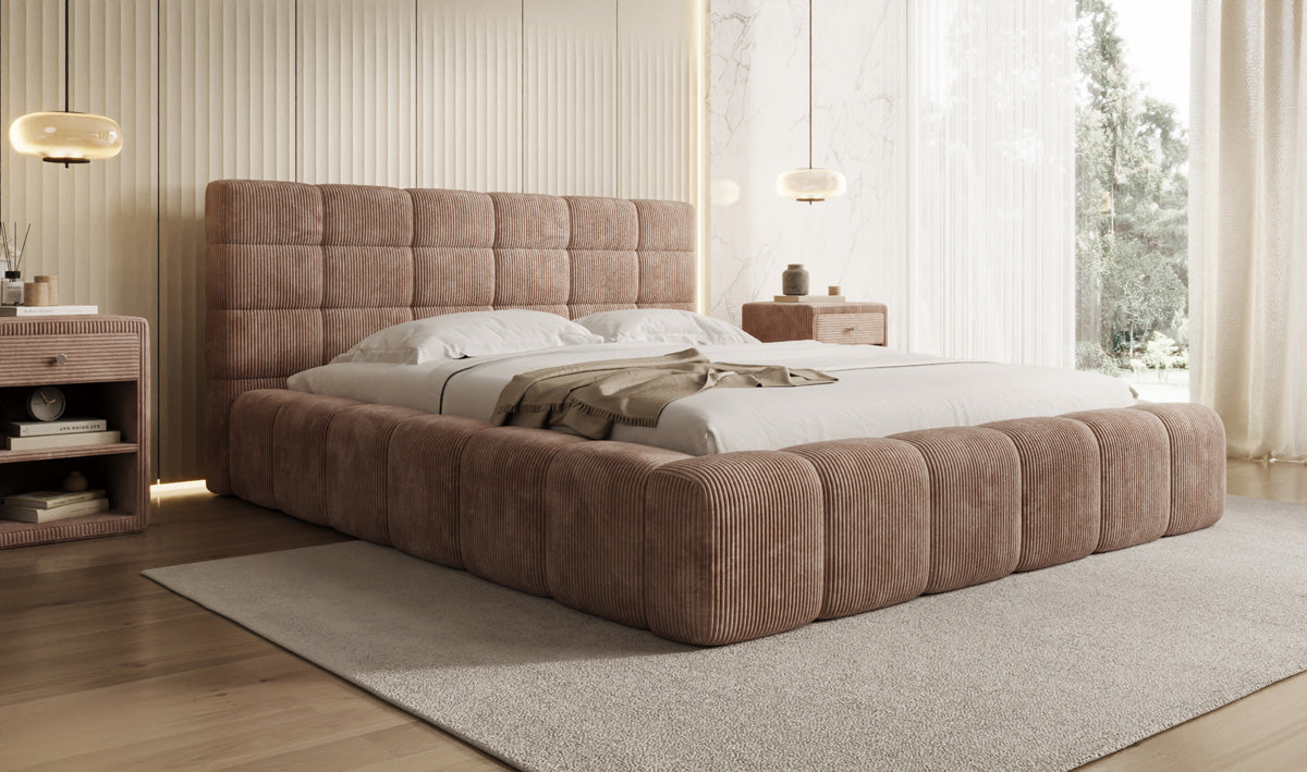 Designer gestoffeerd bed Marshmallow in Ribstof met opbergruimte