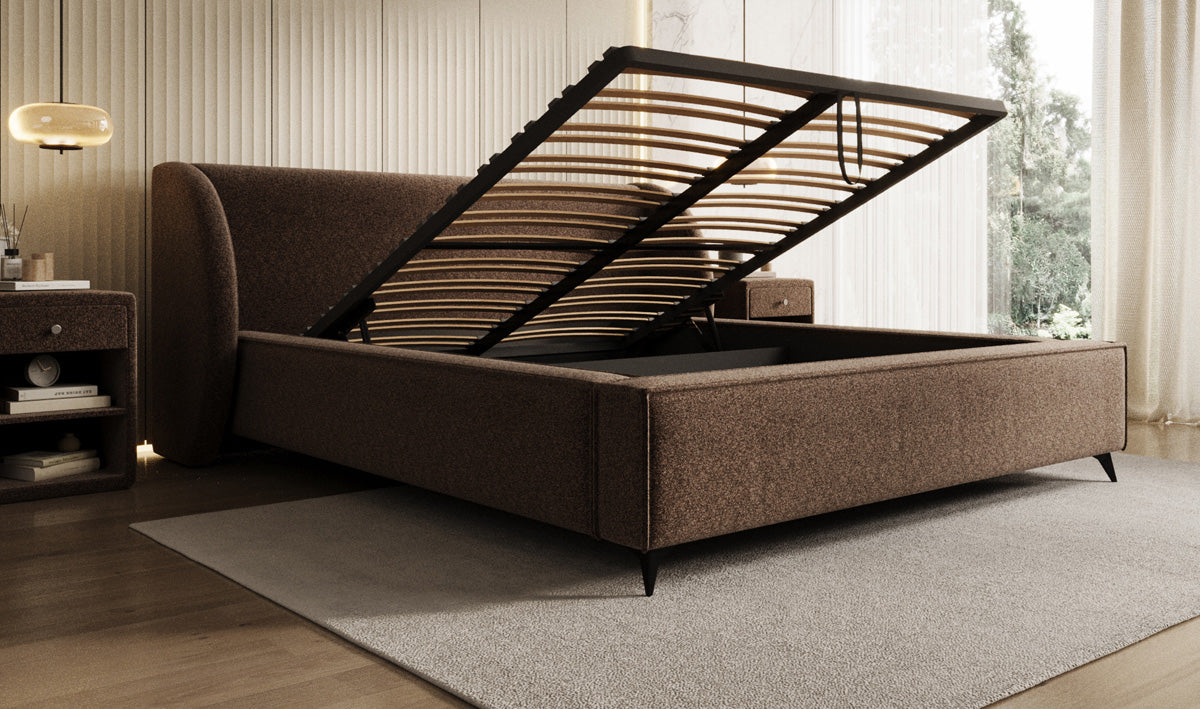 Designer Polsterbett Freya in Strukturstoff mit Stauraum