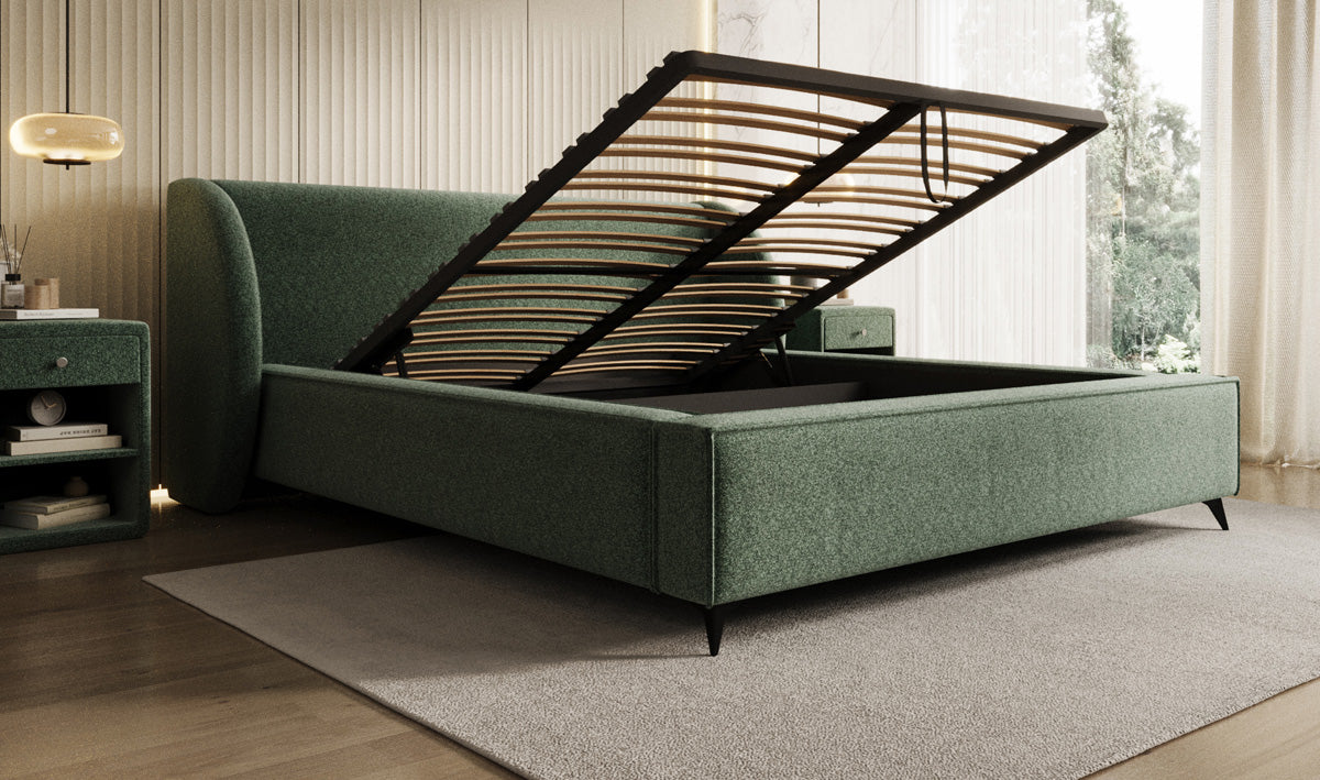 Designer Polsterbett Freya in Strukturstoff mit Stauraum