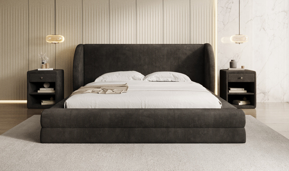 Lit rembourré design Liv en Côtelé avec espace de rangement