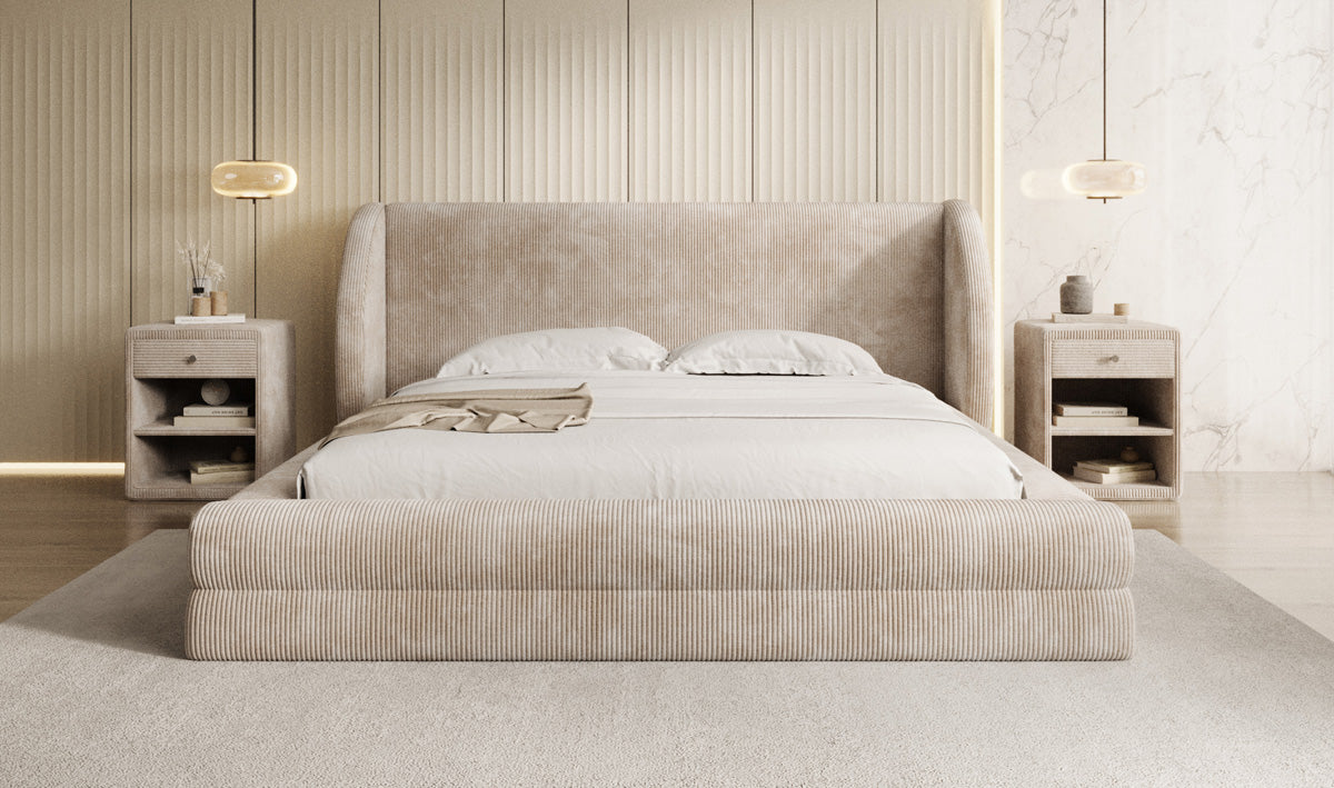 Lit rembourré design Liv en Côtelé avec espace de rangement