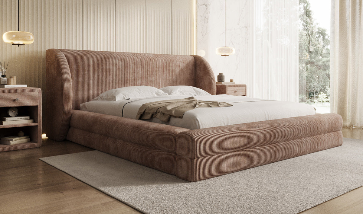 Lit rembourré design Liv en Côtelé avec espace de rangement