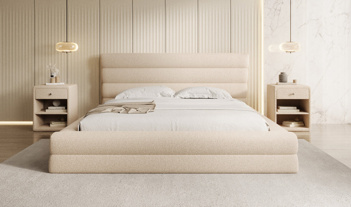 Design gestoffeerd bed Maren in Teddystof Bouclé met opbergruimte