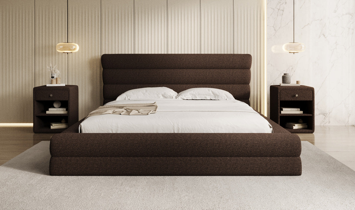 Design gestoffeerd bed Maren in Teddystof Bouclé met opbergruimte