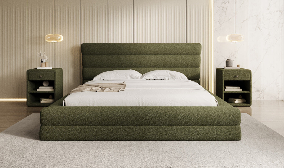 Design gestoffeerd bed Maren in Teddystof Bouclé met opbergruimte