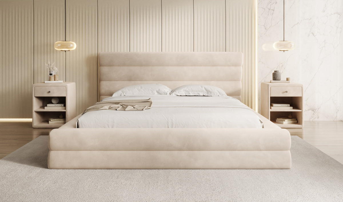 Designer gestoffeerd bed Maren in Fluweel met opbergruimte