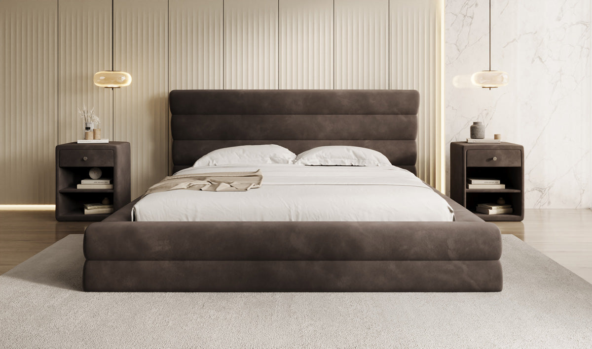 Designer gestoffeerd bed Maren in Fluweel met opbergruimte