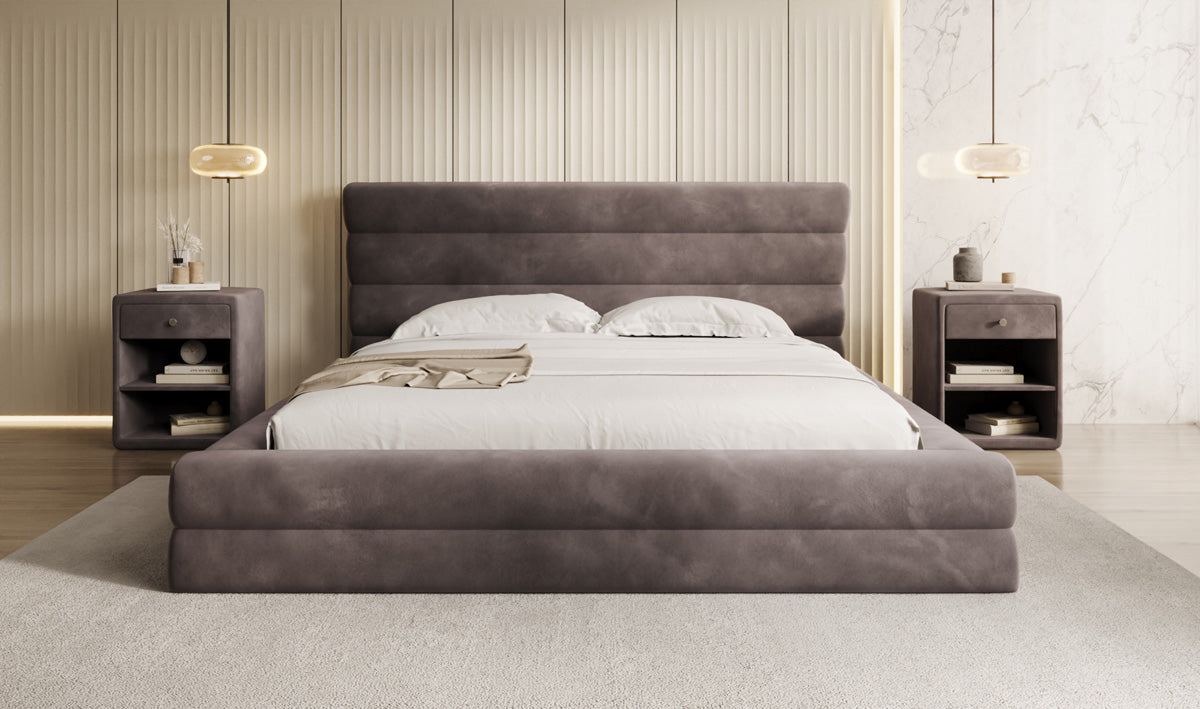 Designer gestoffeerd bed Maren in Fluweel met opbergruimte