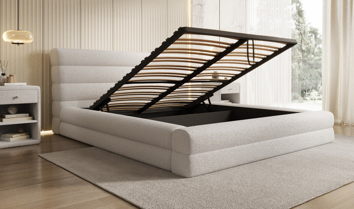 Design gestoffeerd bed Maren in Teddystof Bouclé met opbergruimte