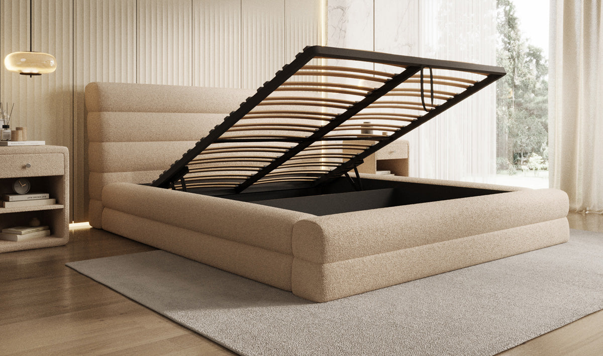 Design gestoffeerd bed Maren in Teddystof Bouclé met opbergruimte