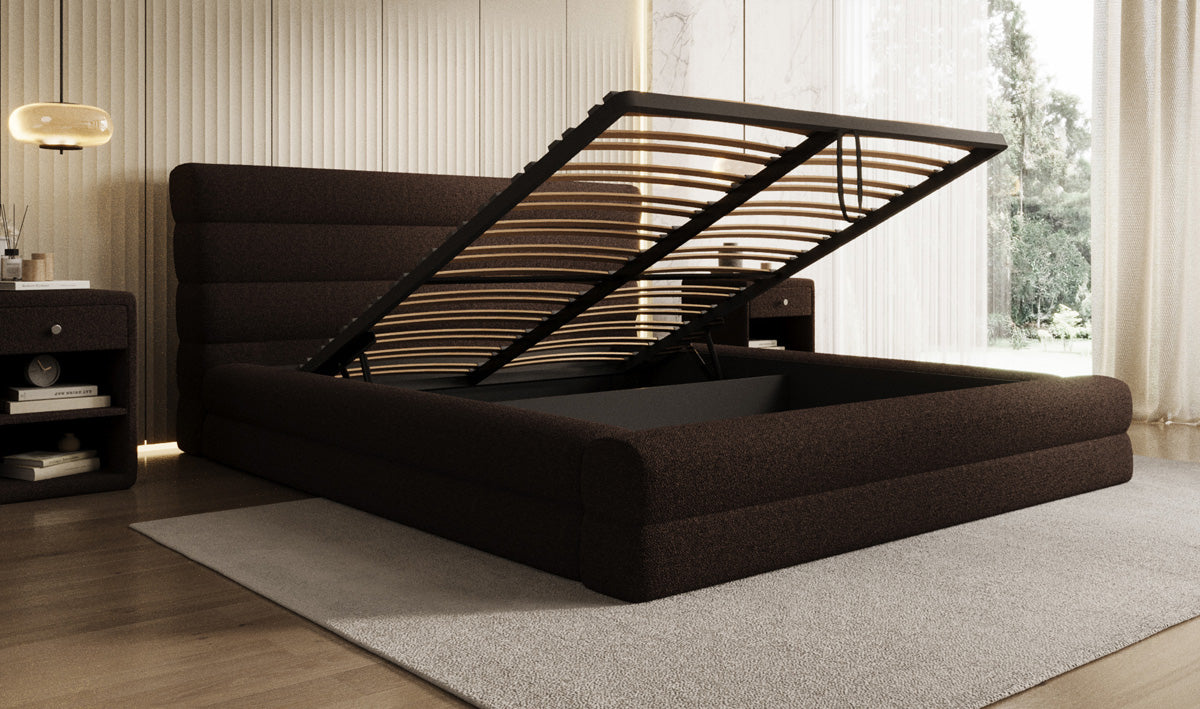 Design gestoffeerd bed Maren in Teddystof Bouclé met opbergruimte