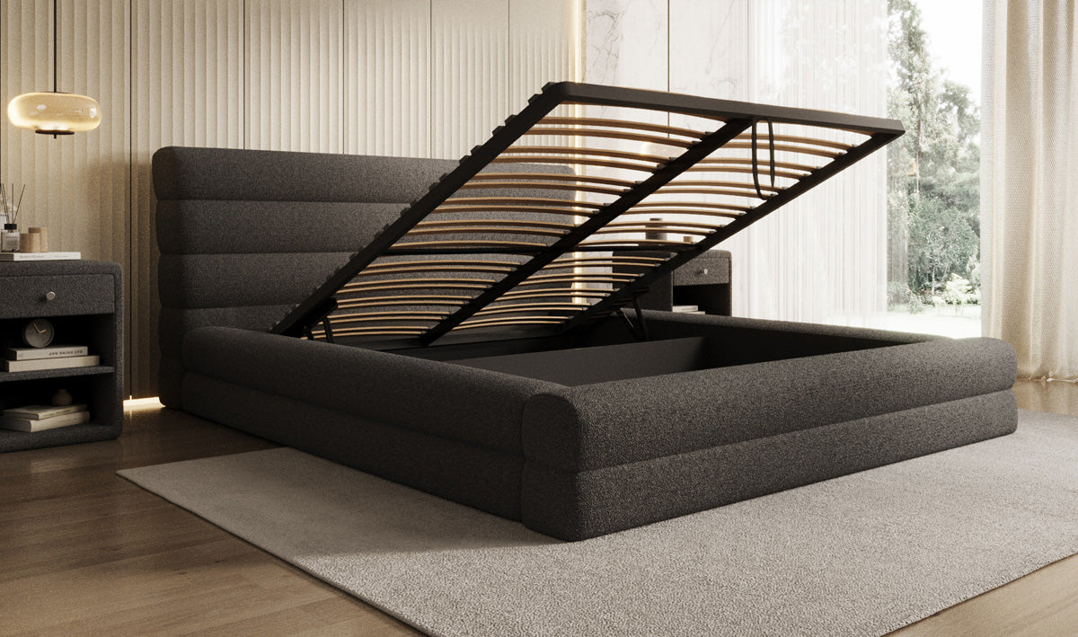Design gestoffeerd bed Maren in Teddystof Bouclé met opbergruimte