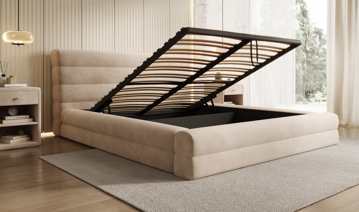 Designer gestoffeerd bed Maren in Fluweel met opbergruimte