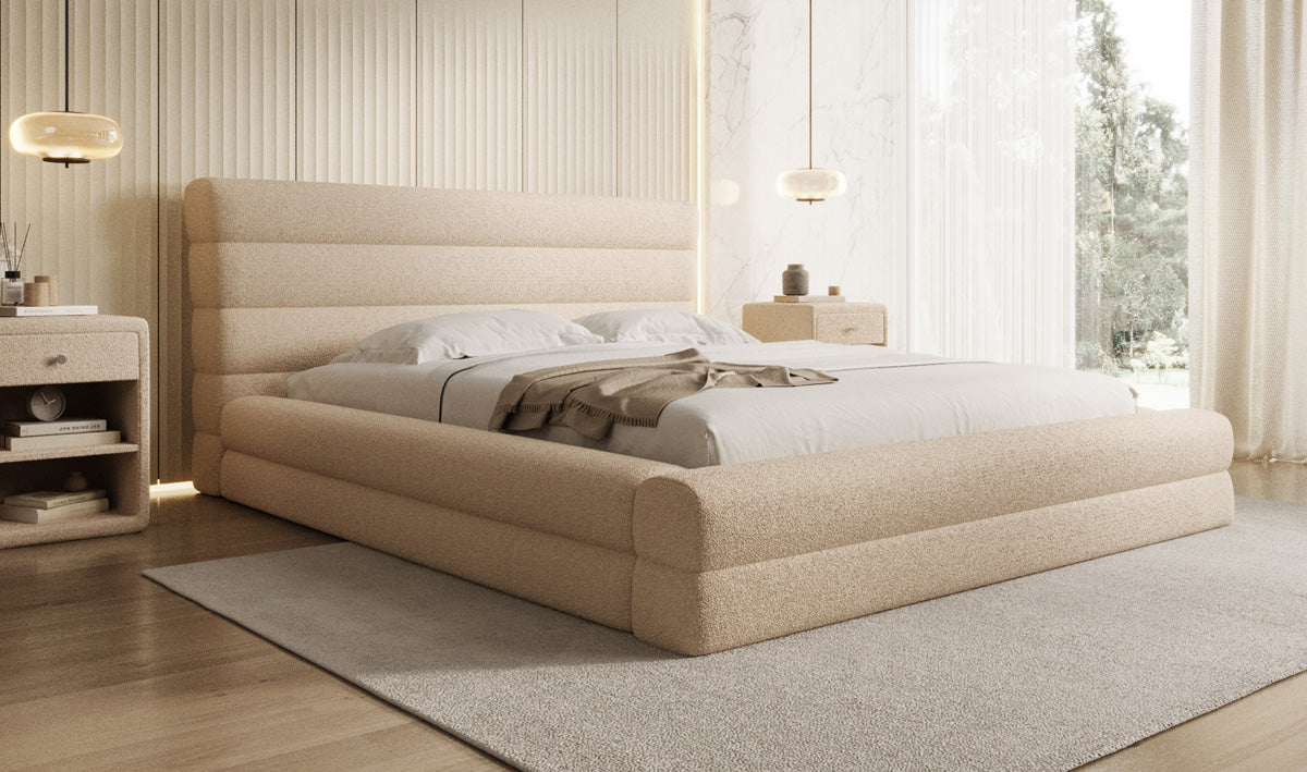 Design gestoffeerd bed Maren in Teddystof Bouclé met opbergruimte