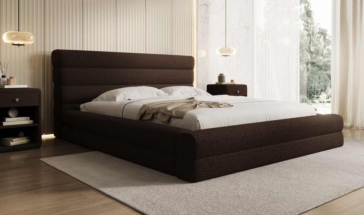 Design gestoffeerd bed Maren in Teddystof Bouclé met opbergruimte