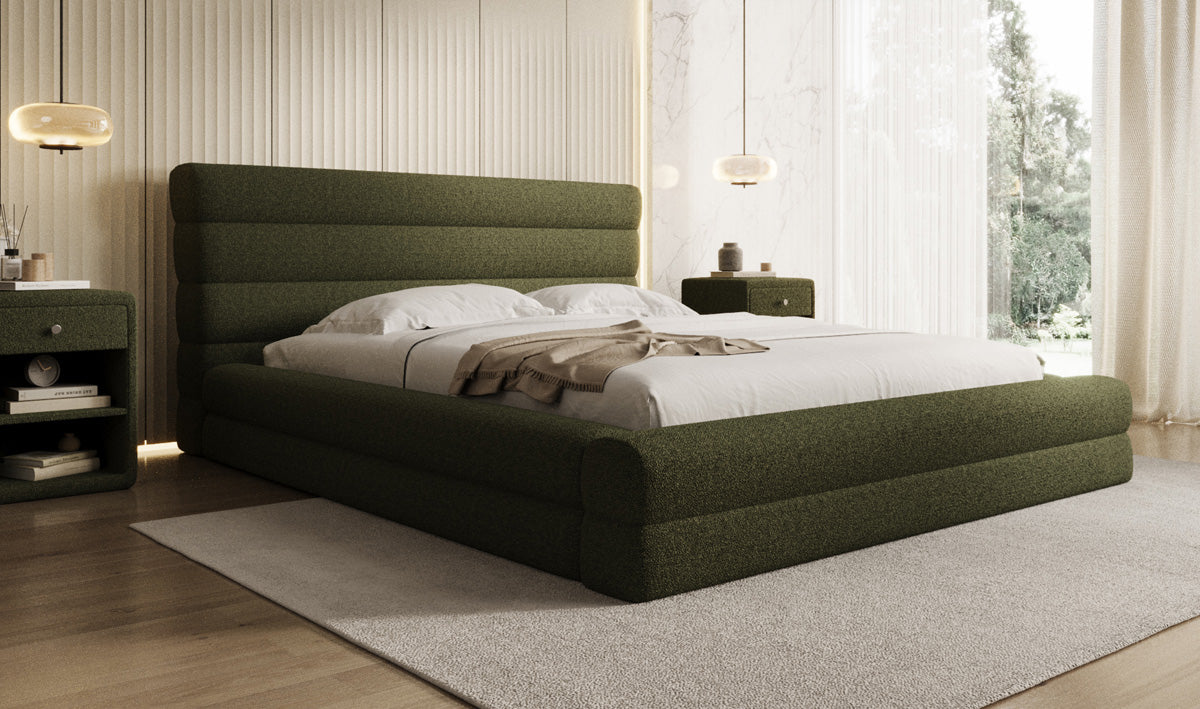 Design gestoffeerd bed Maren in Teddystof Bouclé met opbergruimte