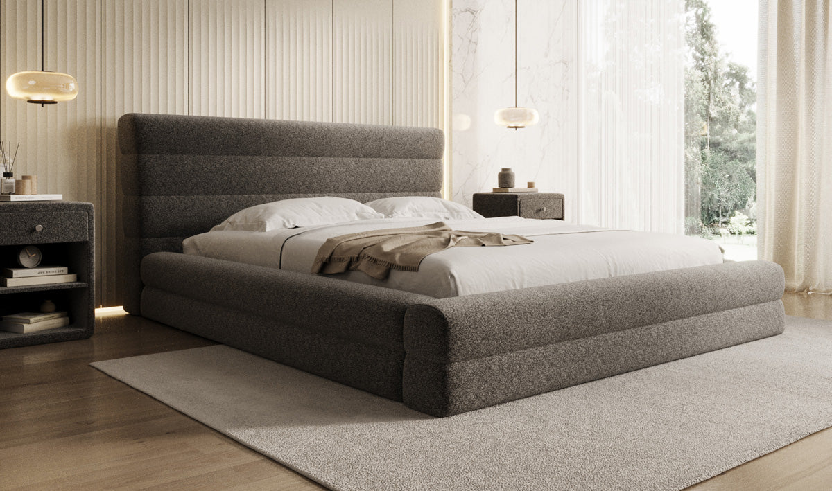 Lit rembourré design Maren en tissu texturé avec espace de rangement