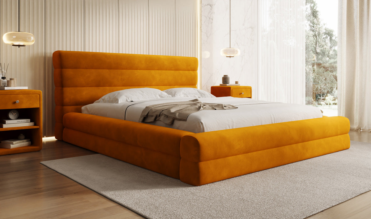 Designer gestoffeerd bed Maren in Fluweel met opbergruimte
