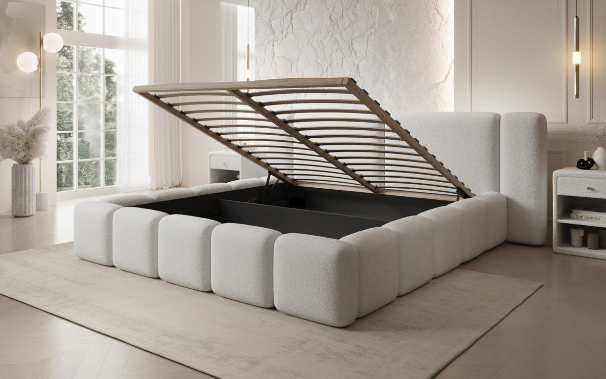 Designer gestoffeerd bed Bianca in Teddystof Bouclé met opbergruimte