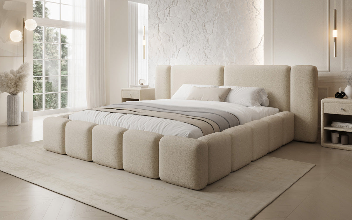 Designer gestoffeerd bed Bianca in Teddystof Bouclé met opbergruimte