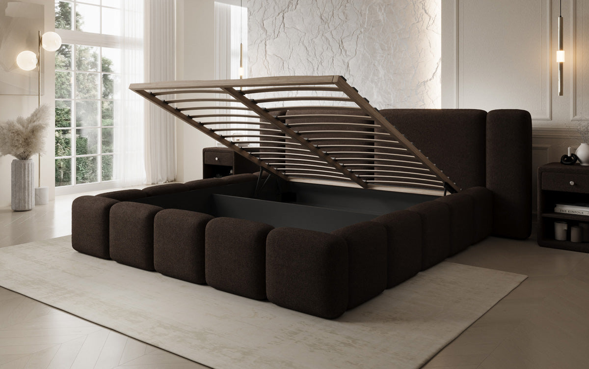 Designer gestoffeerd bed Bianca in Teddystof Bouclé met opbergruimte