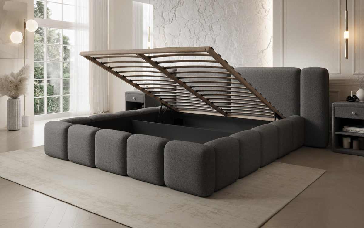 Designer gestoffeerd bed Bianca in Teddystof Bouclé met opbergruimte