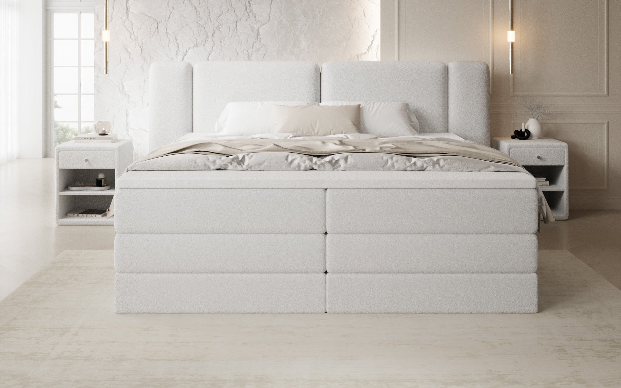 Boxspringbed Leni met opklapbare opbergruimte in Teddystof Bouclé