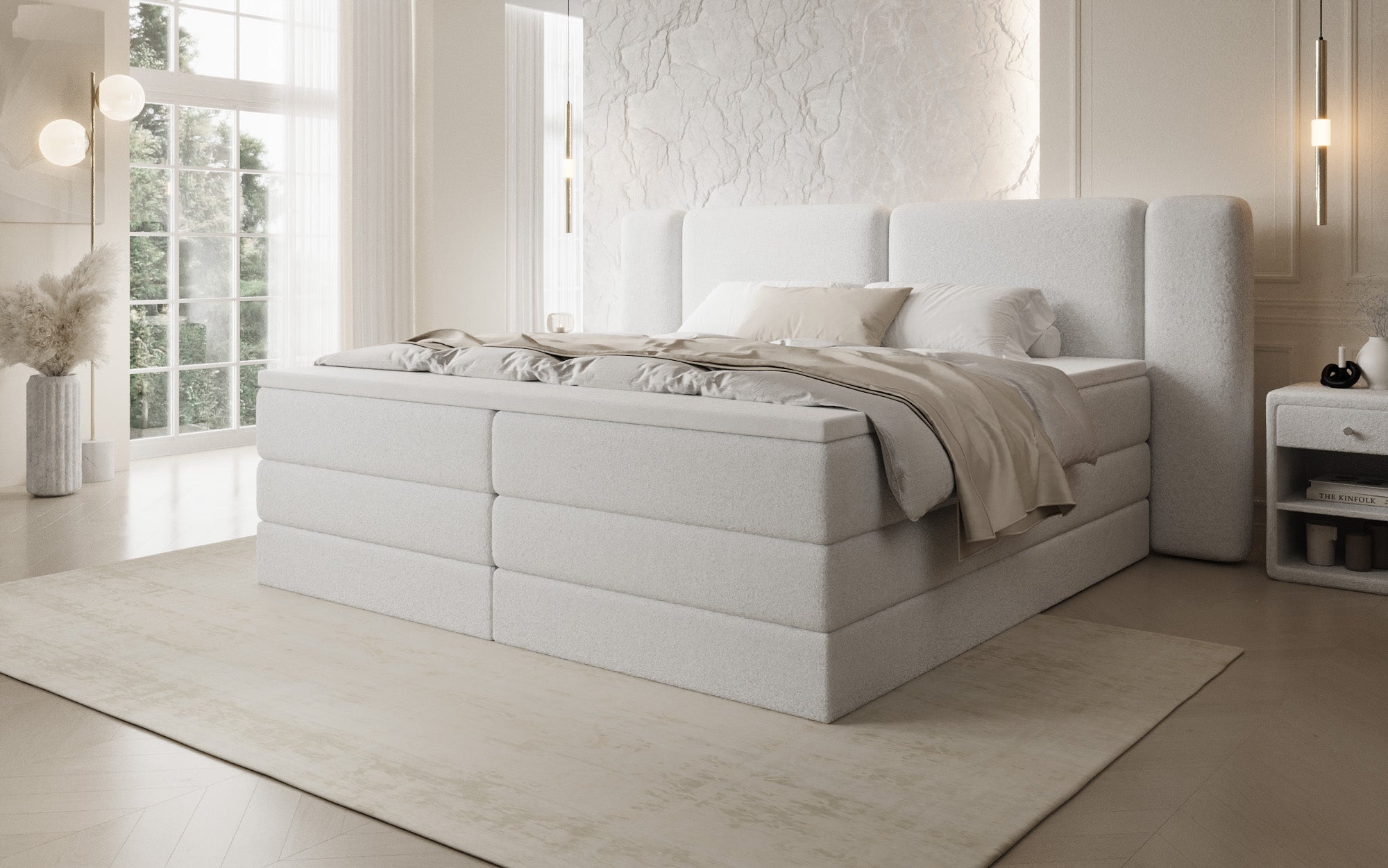Boxspringbed Leni met opklapbare opbergruimte in Teddystof Bouclé