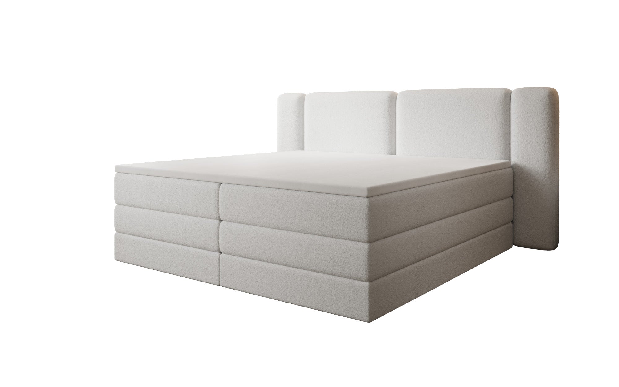 Boxspringbed Leni met opklapbare opbergruimte in Teddystof Bouclé
