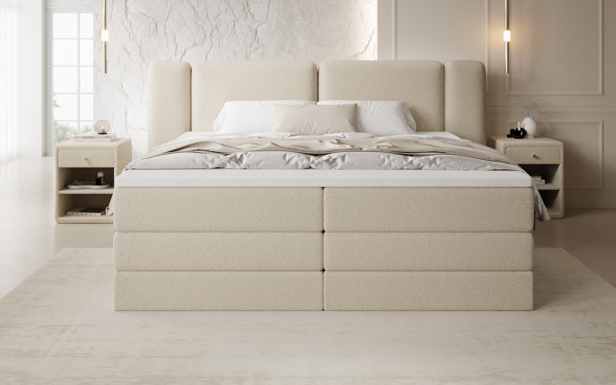 Boxspringbed Leni met opklapbare opbergruimte in Teddystof Bouclé