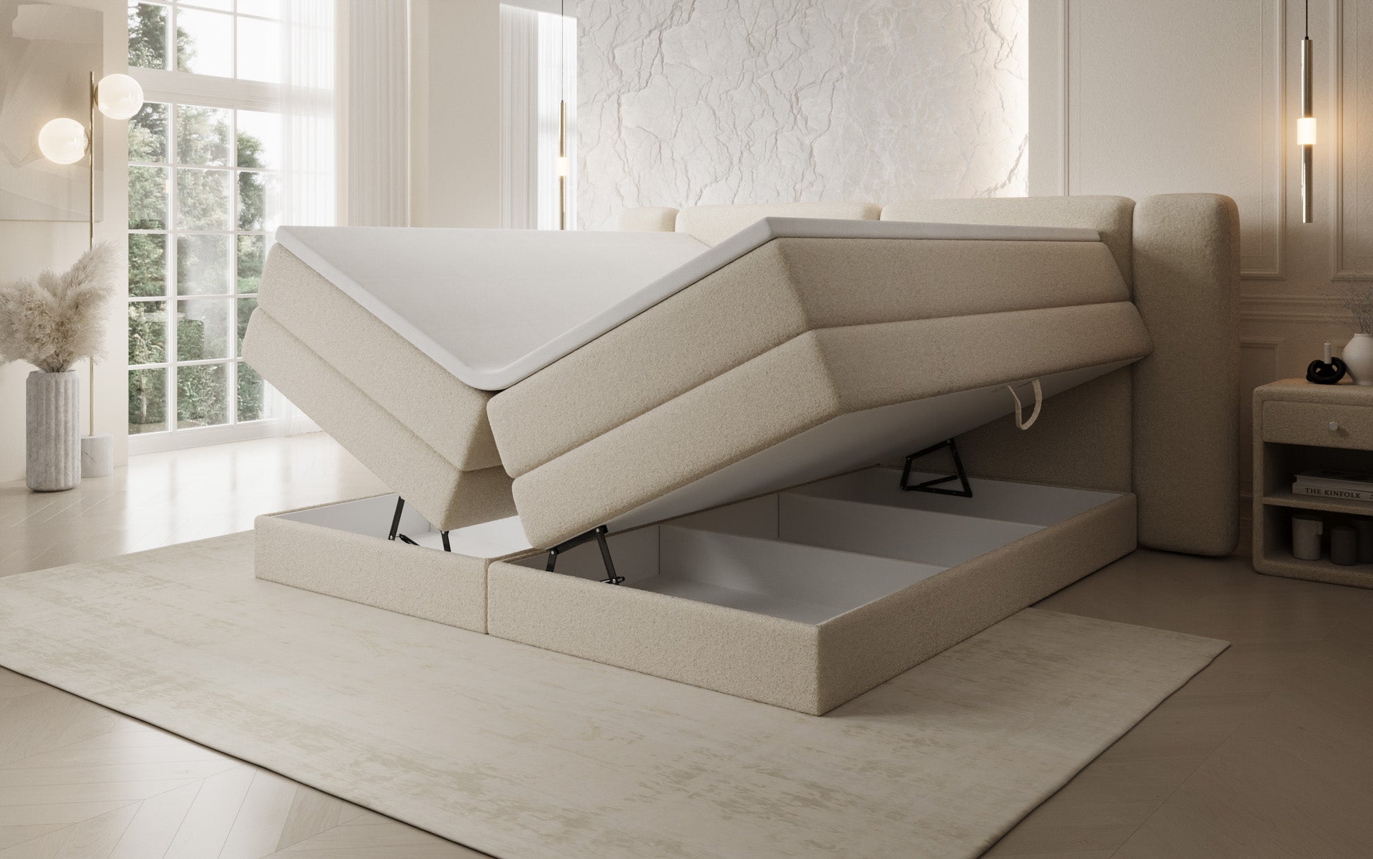 Boxspringbed Leni met opklapbare opbergruimte in Teddystof Bouclé