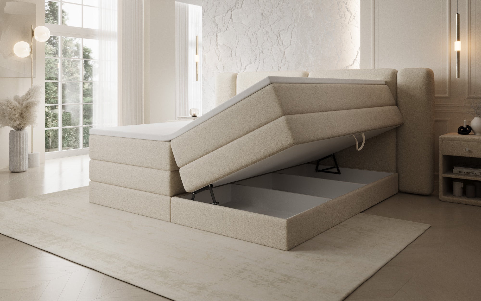 Boxspringbed Leni met opklapbare opbergruimte in Teddystof Bouclé