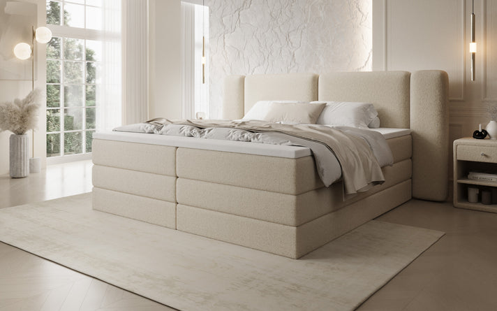 Boxspringbed Leni met opklapbare opbergruimte in Teddystof Bouclé